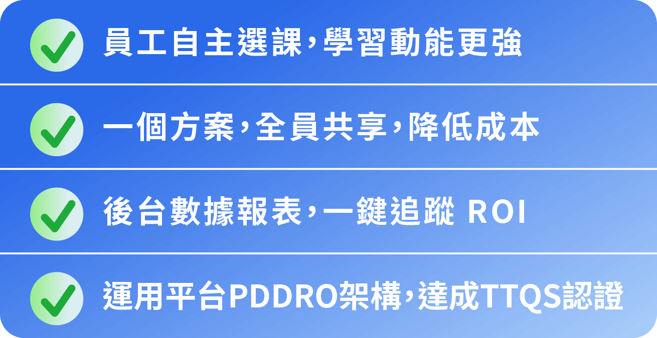 員工自主選課，學習動能更強 一個方案，全員共享，降低成本 後台數據報表，一鍵追蹤 ROI 運用平台PDDRO架構，達成TTQS認證